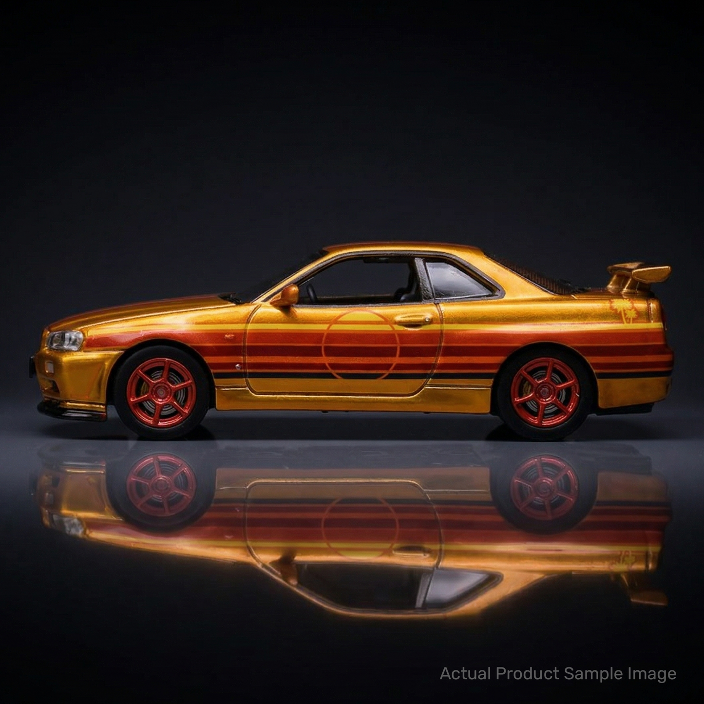 NVRLand 1:64 1999 Nissan Skyline GT-R R34 Sunfall Chrome Solar Run Golden Hour Limited Edition diecast model car close up photo full side