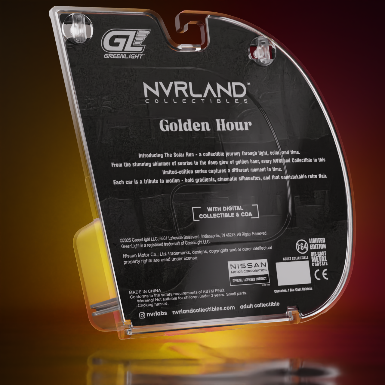 NVRLand 1:64 1999 Nissan Skyline GT-R R34 Sunfall Chrome Solar Run Golden Hour Chase Edition diecast model car back of display case