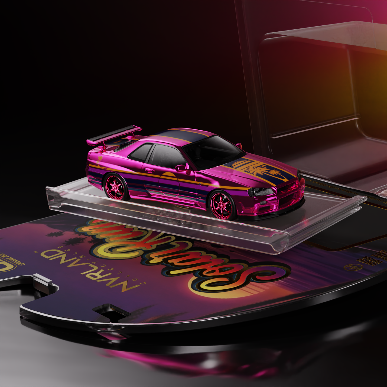 NVRLand 1:64 1999 Nissan Skyline GT-R R34 Afterglow Chrome Solar Run Dusk Chase Edition diecast model car out of display case