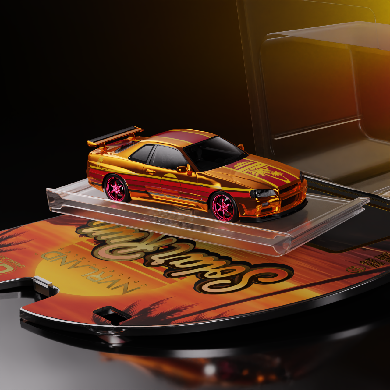 NVRLand 1:64 1999 Nissan Skyline GT-R R34 Sunfall Chrome Solar Run Golden Hour Chase Edition diecast model car out of display case
