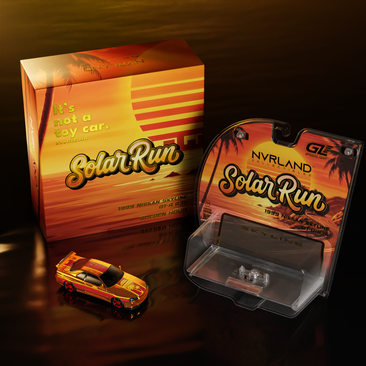 NVRLand 1:64 1999 Nissan Skyline GT-R R34 Sunfall Chrome Solar Run Golden Hour Limited Edition diecast model car overhead with display and packaging