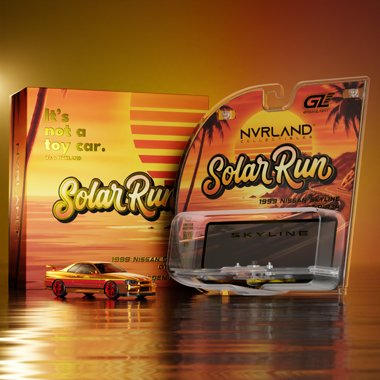 NVRLand 1:64 1999 Nissan Skyline GT-R R34 Sunfall Chrome Solar Run Golden Hour Limited Edition diecast model car out of display with packaging