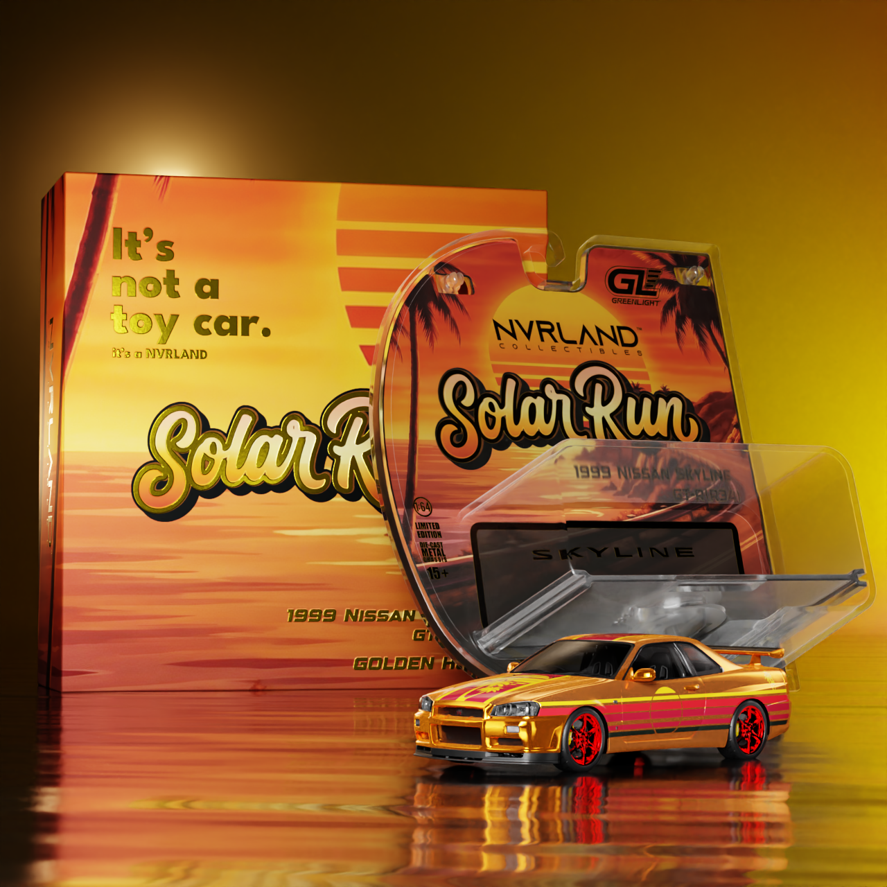 NVRLand 1:64 1999 Nissan Skyline GT-R R34 Sunfall Chrome Solar Run Golden Hour Limited Edition diecast model car open display and packaging