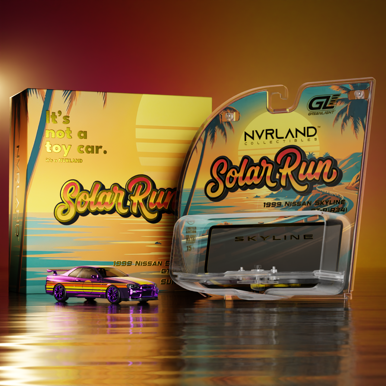 NVRLand 1:64 1999 Nissan Skyline GT-R R34 Daybreak Chrome Solar Run Sunrise Limited Edition diecast model car display case and packaging
