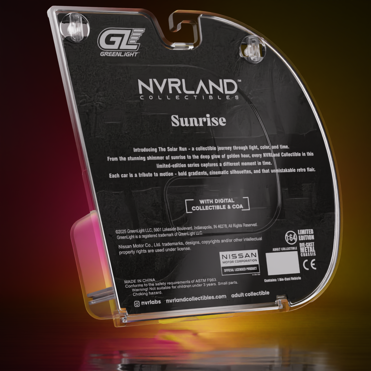 NVRLand 1:64 1999 Nissan Skyline GT-R R34 Daybreak Chrome Solar Run Sunrise Chase Edition diecast model car back of display case