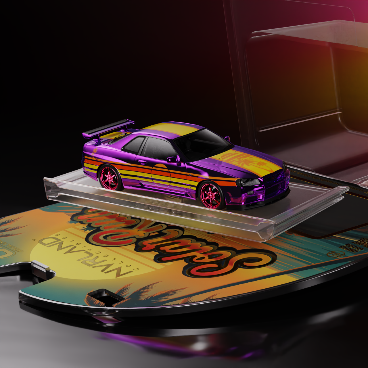 NVRLand 1:64 1999 Nissan Skyline GT-R R34 Daybreak Chrome Solar Run Sunrise Chase Edition diecast model car out of display case