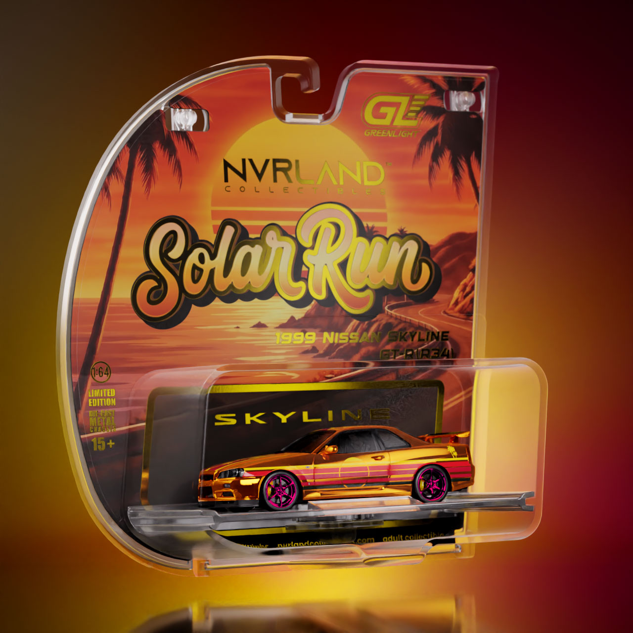 NVRLand 1:64 1999 Nissan Skyline GT-R R34 Sunfall Chrome Solar Run Golden Hour Chase Edition diecast model car in acrylic display case